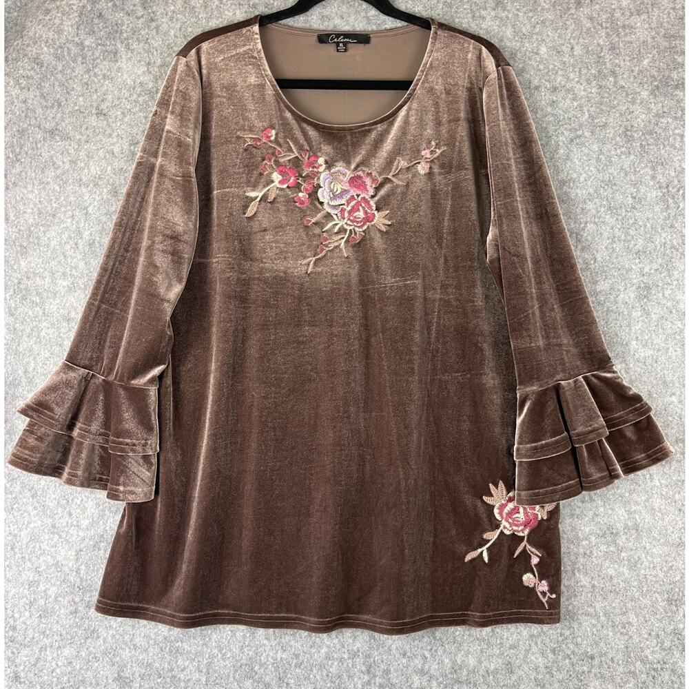 Calessa‎ Velvet Tunic Top Womens XL Brown Embroidered Floral Flutter Sleeve Boho